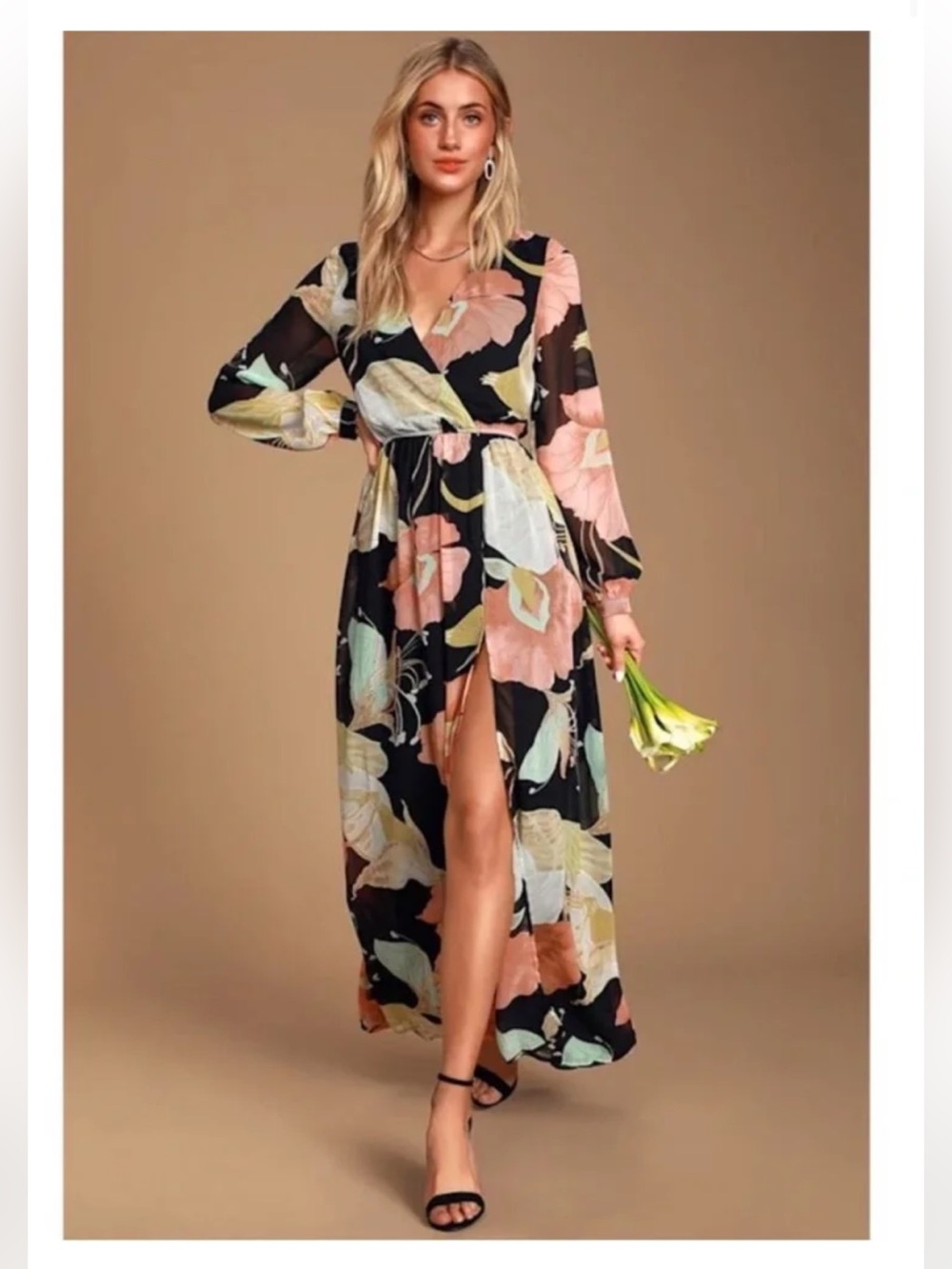 Lulus Wondrous Water Lillies black maxi dress